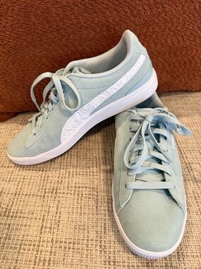 Women's Mint Suede Lace-Up Puma Sneakers with White Accent